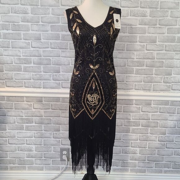 Black Beaded Sequined Dress Fringed Gatstby Flapper 20s Cosplay NEW Med Metme - Picture 1 of 10